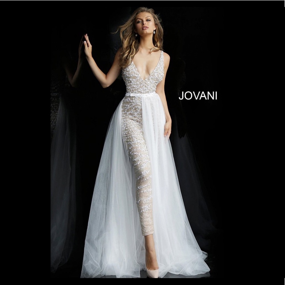 JOVANI 60010 BEADED JUMPSUIT WITH TULLE OVERSKIRT